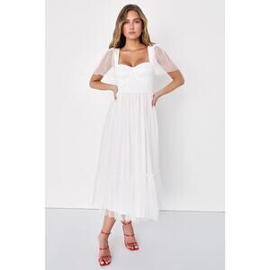 NWT Lulus Dreamy Celebration White Tulle Bustier Swiss Dot Midi Dress Bride S